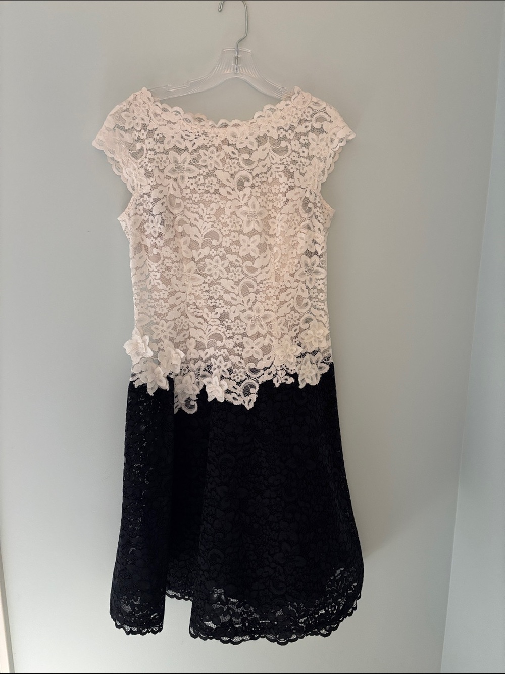 Teri Jon Black and White Lace Fully Lined A Line Cap Sleeved Cocktail Dress